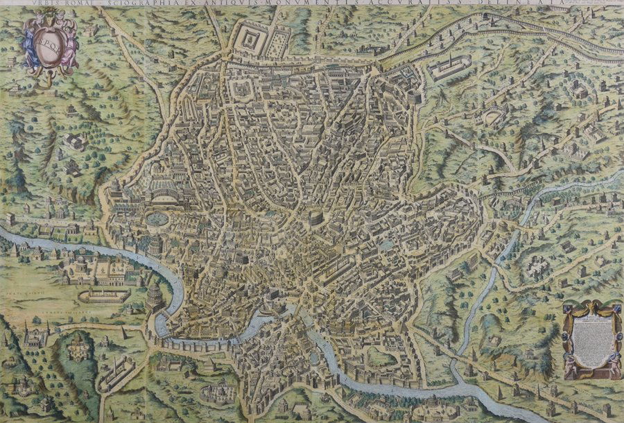 ETIENNE DUPERAC, (French, c. 1520-1604), Urbis Romae: ETIENNE DUPERAC (French, c. 1520-1604) Urbis Romae Sciographia ex Antiquis Monumentis Accuratiss Delineata Descrizione (Study of the Ruins and Monuments of Ancient Rome) Engraved map with later hand c