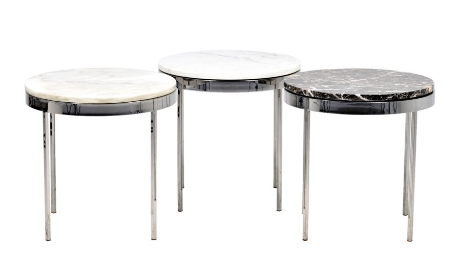 THREE FLORENCE KNOLL STYLE MARBLE AND CHROMED TABLES: THREE FLORENCE KNOLL STYLE MARBLE AND CHROMED TABLES Each having a circular marble top, raised on chromed legs. Unmarked. H 18 x diam 18 inches.