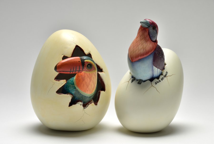 SERGIO BUSTAMANTE, (Mexican, b. 1942), Hatching Egg,: SERGIO BUSTAMANTE (Mexican, b. 1942) Hatching Egg Painted ceramic Signed Together with an example by Teodoro Valdovinos H 5¾ x W 4½ x D 5 inches.