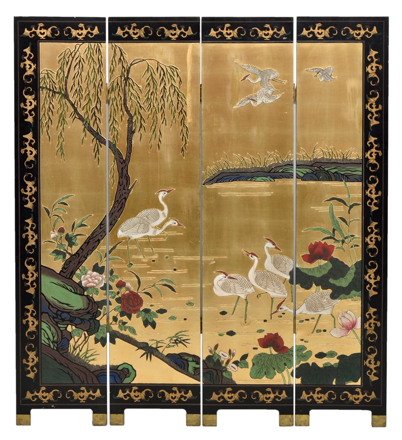 A CHINESE STYLE LACQUERED FOUR-PANEL FLOOR SCREEN: A CHINESE STYLE LACQUERED FOUR-PANEL FLOOR SCREEN The floor screen depicting egrets in a body of water surrounded by flowering peonies, within a gilt border, raised on bracket feet. H 72¼ x W 65 x D 