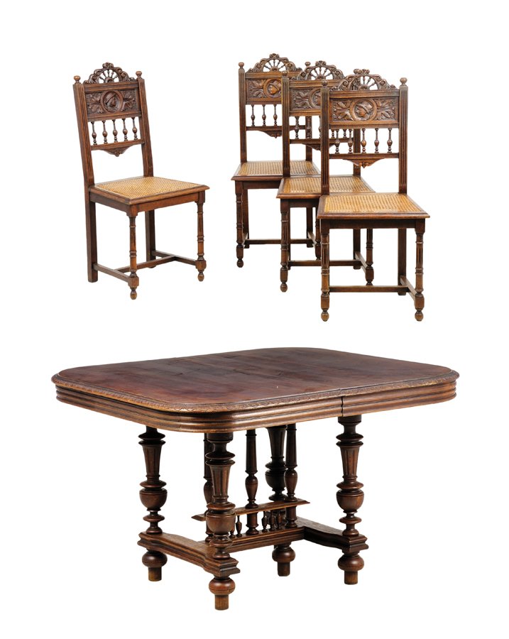 A FRENCH RENAISSANCE REVIVAL DINING SET: A FRENCH RENAISSANCE REVIVAL DINING SET The table having a rectangular top with rounded corners, raised on baluster form legs, joined by an H-form stretcher, centered with a series of turned supports,