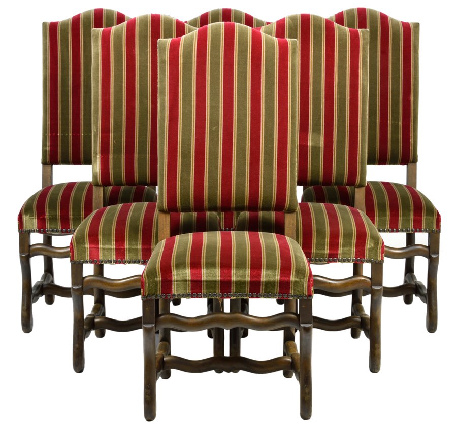 A SET OF SIX FRENCH LOUIS XIV STYLE DINING CHAIRS: A SET OF SIX FRENCH LOUIS XIV STYLE DINING CHAIRS Each chair having a domed crest rail over the upholstered back and stuff over seat with nailhead border, raised on shaped legs, joined by a series of