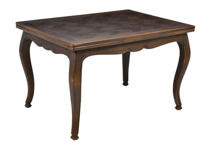 A FRENCH PROVINCIAL STYLE EXTENSION DINING TABLE: A FRENCH PROVINCIAL STYLE EXTENSION DINING TABLE The dining table having a rectangular parquetry inlaid top over two leaves, above the carved apron, raised on cabriole legs. H 29½ x W 47 x D 35 inche