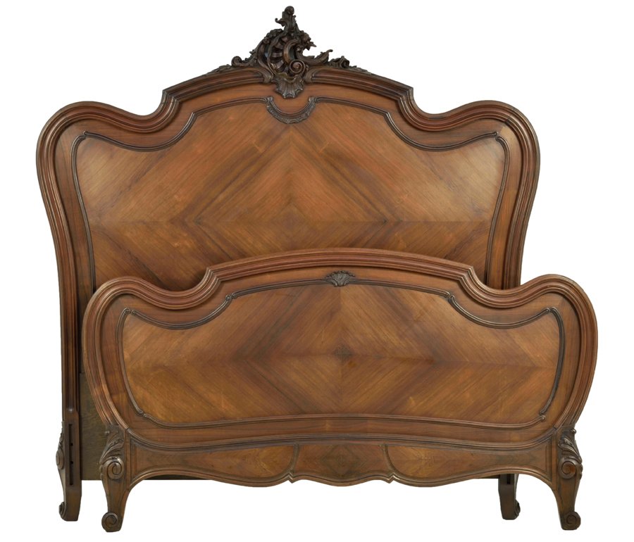 A FRENCH LOUIS XV STYLE PARQUETRY BED: A FRENCH LOUIS XV STYLE PARQUETRY BED The bed with carved rocaille and leaf decoration to top rail of headboard, raised on scrolled legs. Comprising headboard, footboard and side rails. W 53 inches.