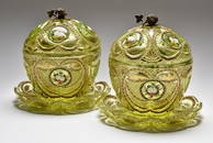 A PAIR OF BOHEMIAN GLASS ENAMELED AND GILT CANDY DISHES