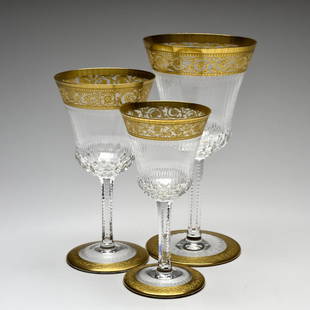 A ST. LOUIS CRYSTAL STEMWARE SET FOR TWELVE: A ST. LOUIS CRYSTAL STEMWARE SET FOR TWELVE In the Thistle pattern. Comprising 12 waters, 12 red wines, and 12 white wines. Each with acid stamp to base. 36 items total. H 7½ x diam 4 inches.