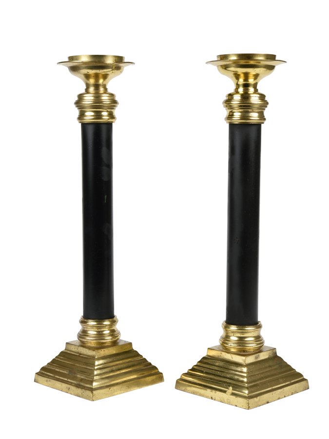 A PAIR OF EMPIRE STYLE EBONIZED AND GILT METAL PRICKET (1 of 3)