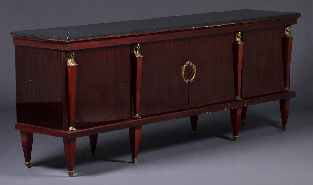 A FRENCH EMPIRE STYLE GILT METAL MOUNTED SIDEBOARD WITH (1 of 8)