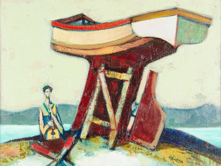 DAVID ADICKES, (American, born 1927), Man with Boat,: DAVID ADICKES (American, born 1927) Man with Boat Oil on board Signed lower right H 15 x W 20 inches