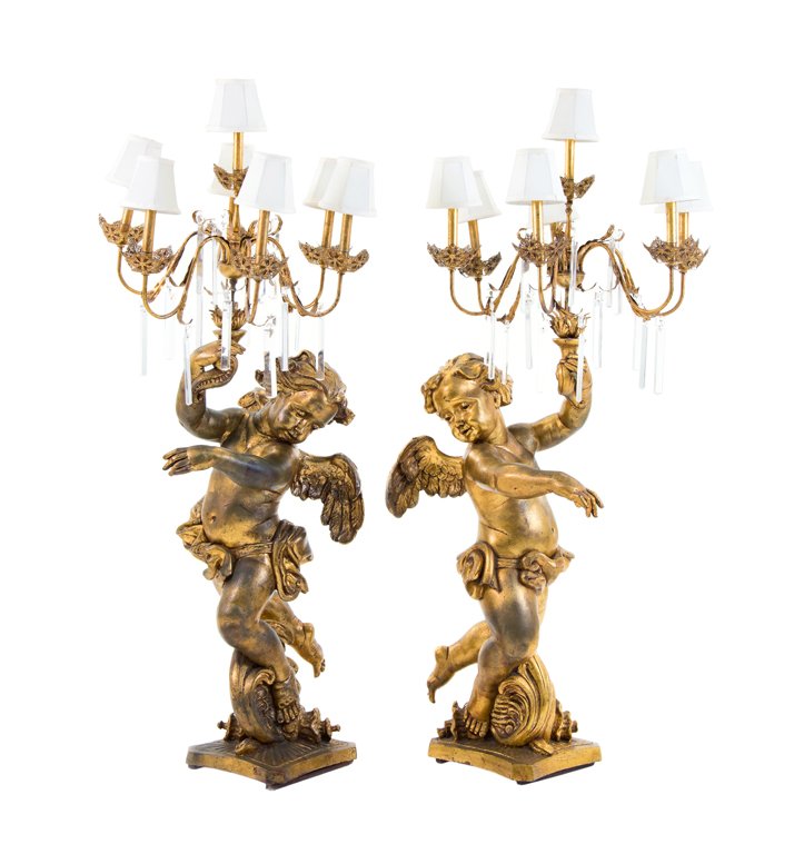 A PAIR OF LOUIS XV STYLE GILT SIX-LIGHT FIGURAL (1 of 9)