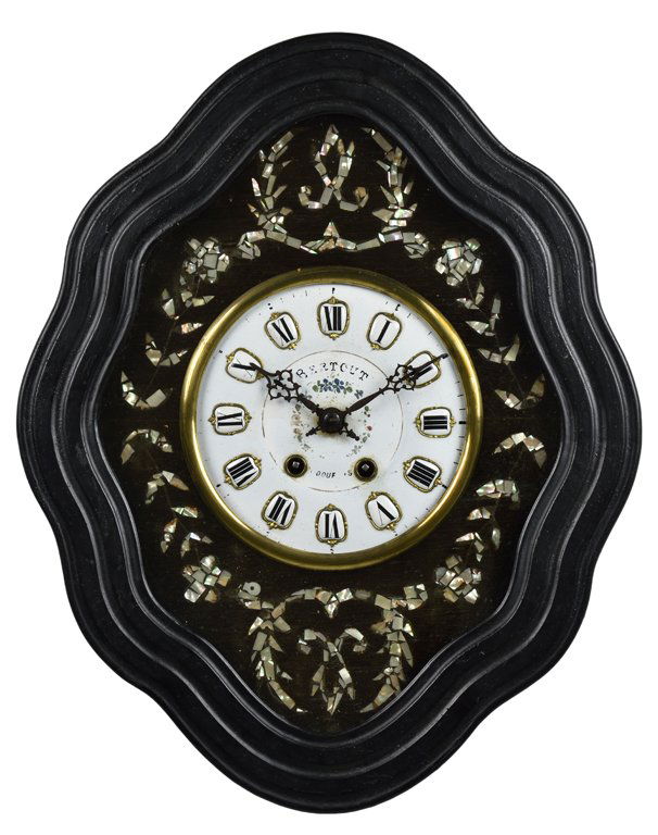A FRENCH EBONIZED AND MOTHER-OF-PEARL INLAID WALL CLOCK (1 of 2)