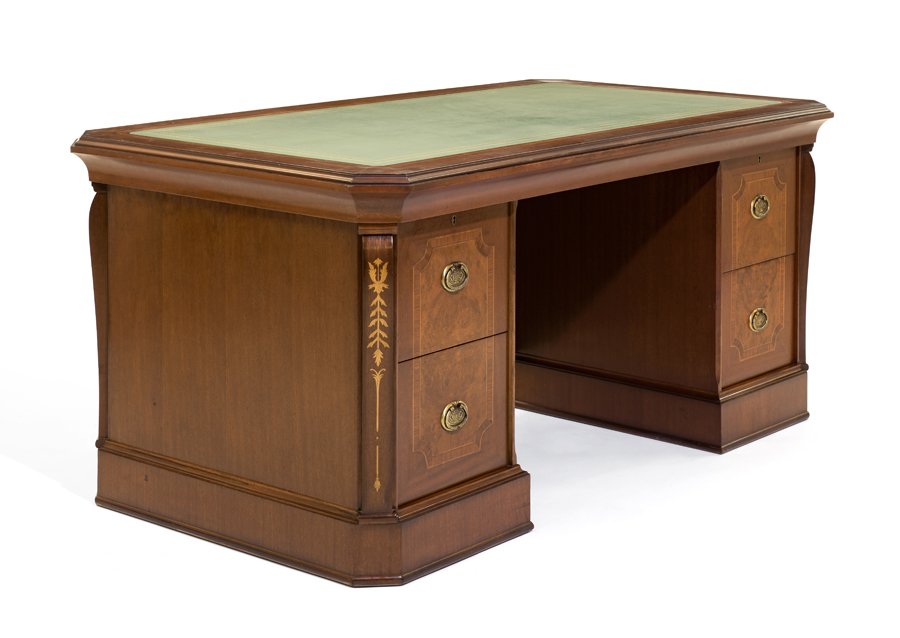 A MAHOGANY MARQUETRY PARTNER'S DESK: A MAHOGANY MARQUETRY PARTNER'S DESK The partner's desk having a rectangular top with tooled leather writing surface, raised on twin pedestals. H 31½ x W 71 x D 39½ inches