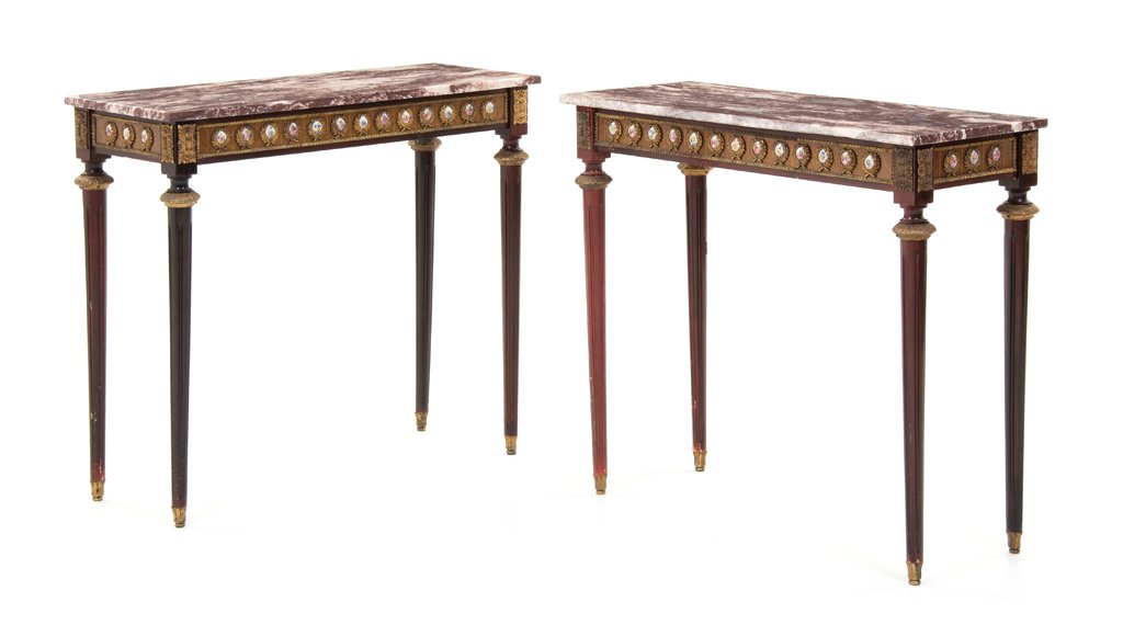 A PAIR OF LOUIS XVI STYLE CONSOLE TABLES (1 of 3)