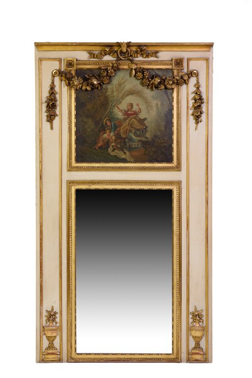 A 19TH CENTURY DECORATED AND GILDED TRUMEAU MIRROR (1 of 6)