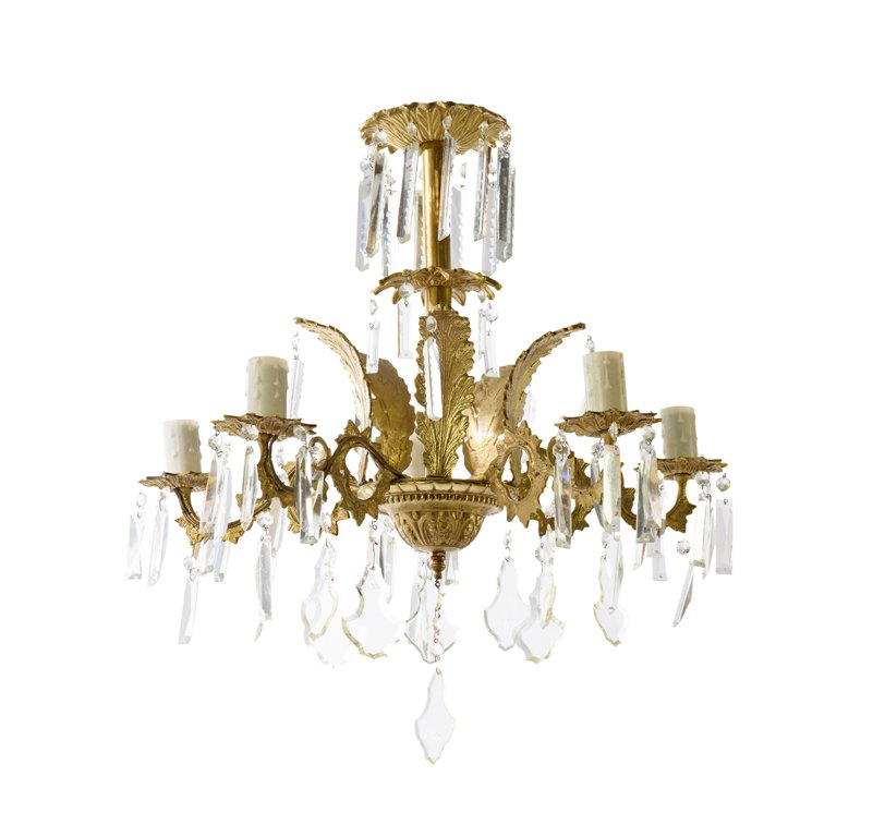 A CONTINENTAL GILT METAL AND CRYSTAL FIVE-LIGHT (1 of 3)