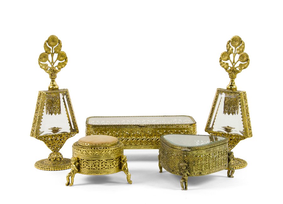 A VICTORIAN GILT METAL AND GLASS DRESSER SET (1 of 5)