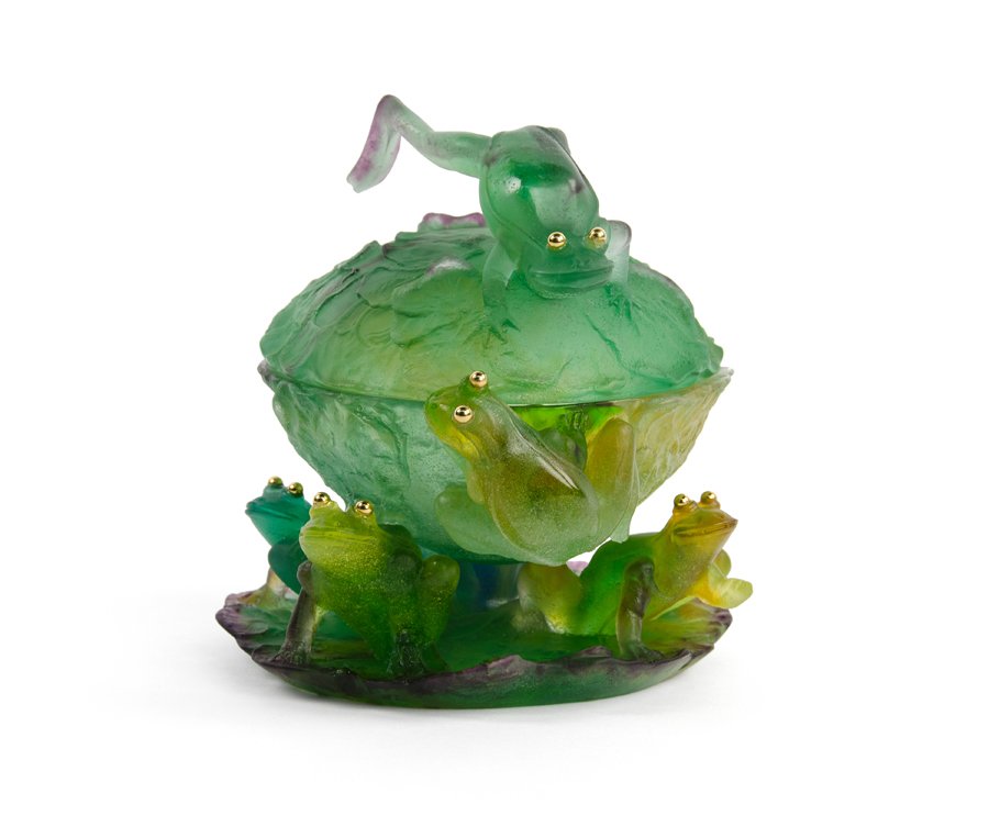 A DAUM PATE-DE-VERRE FROG BOWL: A DAUM PATE-DE-VERRE FROG BOWL Nancy, France, 20th century The bowl of shaped circular form, with applied frogs throughout, having etched Daum France signature to base. H 8½ x diam 7 inches