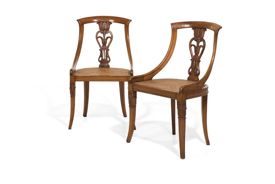 A PAIR OF REGENCY STYLE CANED FRUITWOOD CHAIRS (1 of 6)