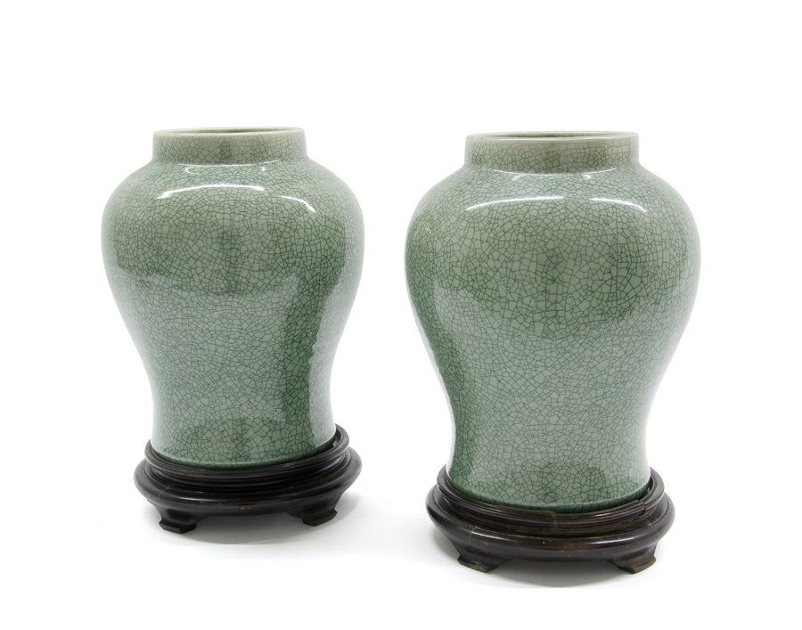 A PAIR OF CHINESE CELADON CRACKLEWARE VASES (1 of 2)