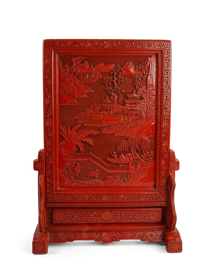 A CHINESE CINNEBAR LACQUER TABLE SCREEN (1 of 4)