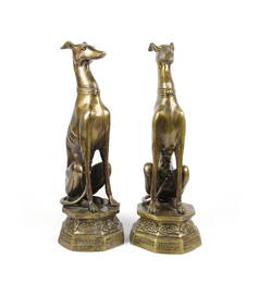 A PAIR OF GILT METAL MODELS OF GREYHOUNDS