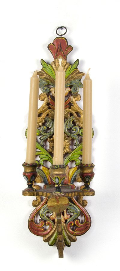 A PAIR OF DECORATED THREE-LIGHT SCONCES (1 of 2)