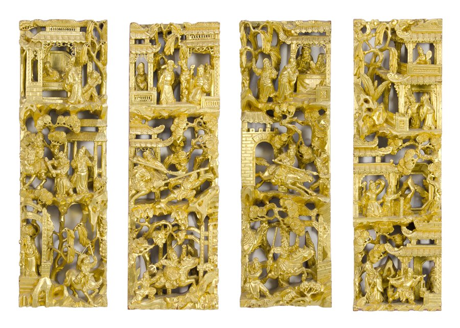 A GROUP OF FOUR GILT AND RED CHINESE CARVED WOODEN: A GROUP OF FOUR GILT AND RED CHINESE CARVED WOODEN PANELS Late 20th Century Each intaglio carved with figural scenes. H 16 x W 5 x D 2 inches
