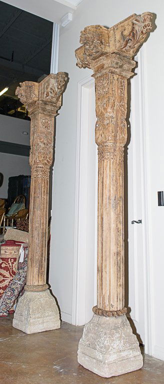A PAIR OF INDIAN STYLE CARVED WOOD COLUMNS WITH STONE (1 of 1)