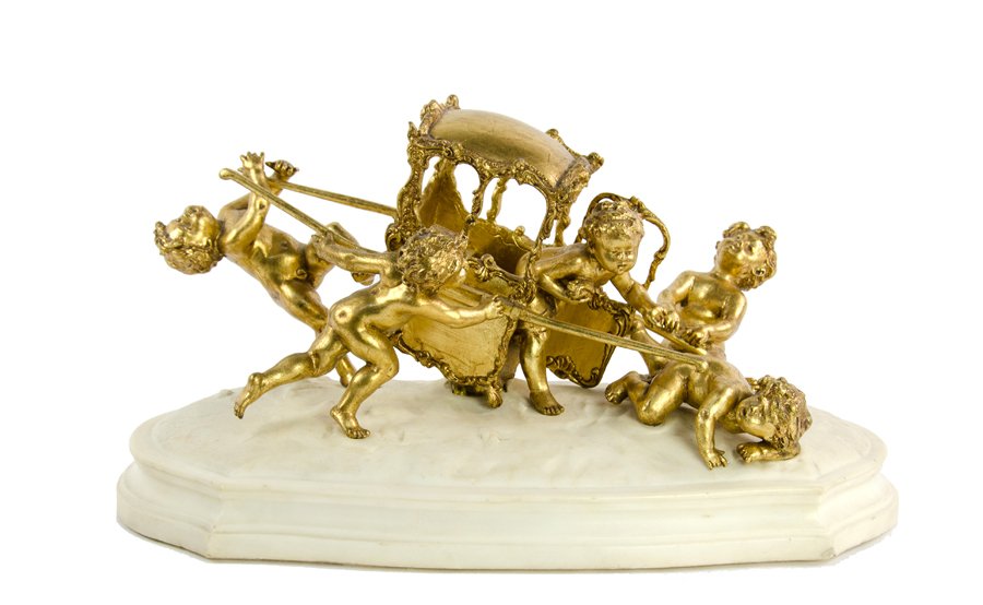 A GILT METAL CHERUB GROUP ON MARBLE BASE (1 of 3)