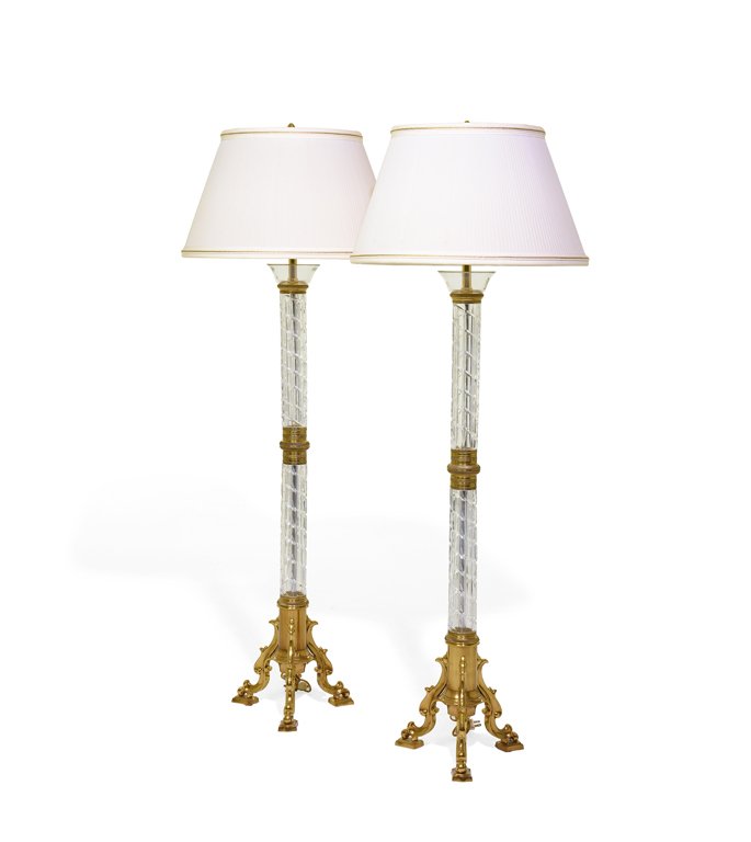 A PAIR OF CRYSTAL AND GILT METAL FLOOR LAMPS (1 of 1)