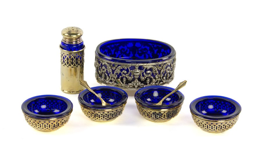 A SET OF AMERICAN STERLING SILVER GILT-WASHED SALTS, (1 of 5)