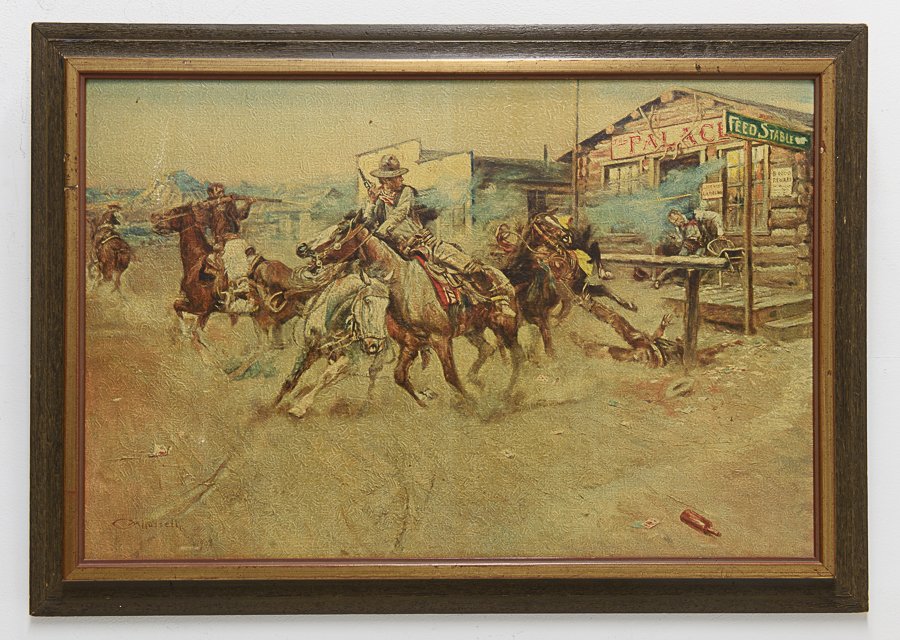 AFTER CHARLES MARION RUSSELL, (American, 1864-1926),: AFTER CHARLES MARION RUSSELL (American, 1864-1926) Wild Horses Offset lithograph Printed signature lower left H 19 x W 28½ inches
