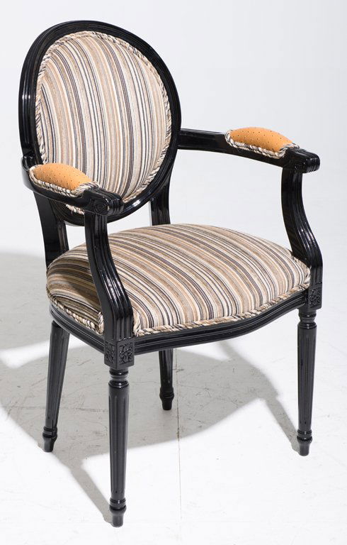 A LOUIS XVI STYLE BLACK LACQUERED OPEN ARMCHAIR (1 of 2)