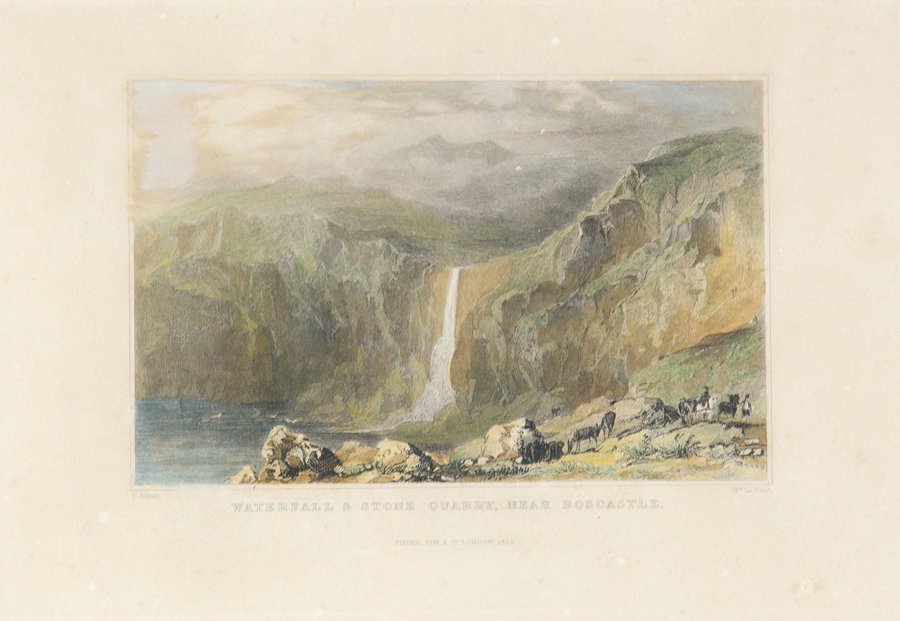 THOMAS ALLOM, (British, 1804-1872), Waterfall and Stone: THOMAS ALLOM (British, 1804-1872) Waterfall and Stone Quarry, near Boscastle Engraving H 7 x W 10 inches Provenance: Property from the Collection of R.N. Wakefield & Company, Antiques and Interiors, H