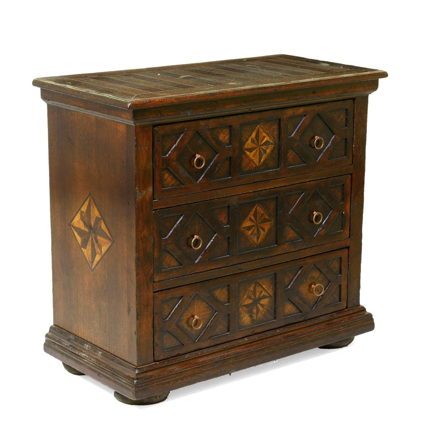 A CONTINENTAL CARVED OAK AND MARQUETRY INLAID CHEST OF (1 of 3)