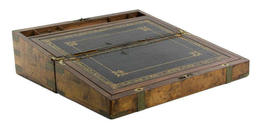 AN ENGLISH BURL WALNUT BRASS BOUND LAPDESK (1 of 4)