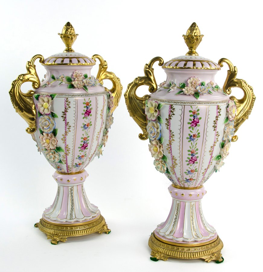 A PAIR OF DRESDEN STYLE PORCELAIN URNS (1 of 1)