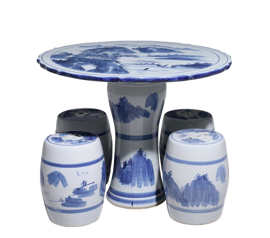 A CHINESE BLUE AND WHITE CERAMIC TABLE WITH FOUR (1 of 1)