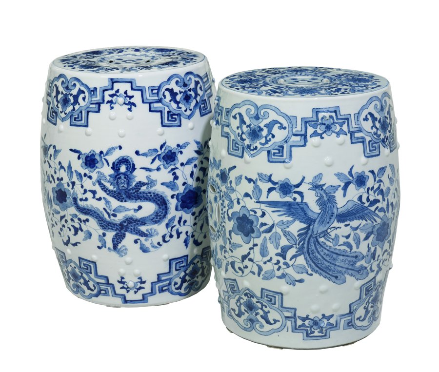 A PAIR OF CHINESE BLUE AND WHITE CERAMIC STOOLS (1 of 1)