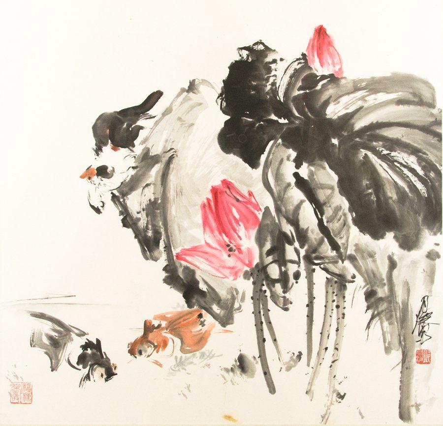 CHENG YUE PO, Cat and Fish, Ink and color on paper, H (1 of 1)