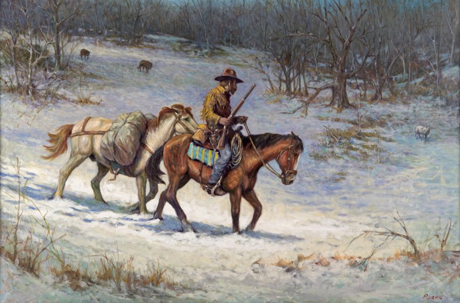 JOSE S PEREZ, (American, 20th century), Cowboy, Oil on: JOSE S PEREZ (American, 20th century) Cowboy Oil on canvas Signed lower right H 24 x W 36 inches