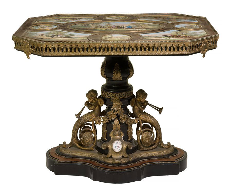 A FRENCH SATINWOOD VENEERED SEVRES STYLE PORCELAIN AND (1 of 5)