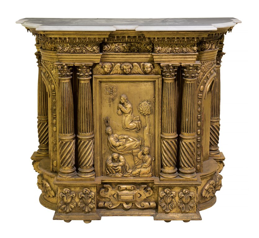 A CONTINENTAL GILTWOOD MARBLE TOP PIER CABINET (1 of 3)