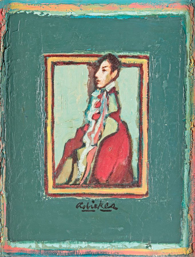 DAVID ADICKES, (American, b. 1927), Poet in Red with: DAVID ADICKES (American, b. 1927) Poet in Red with Blue-green Border Oil on board Signed H 15½ x W 11½ inches