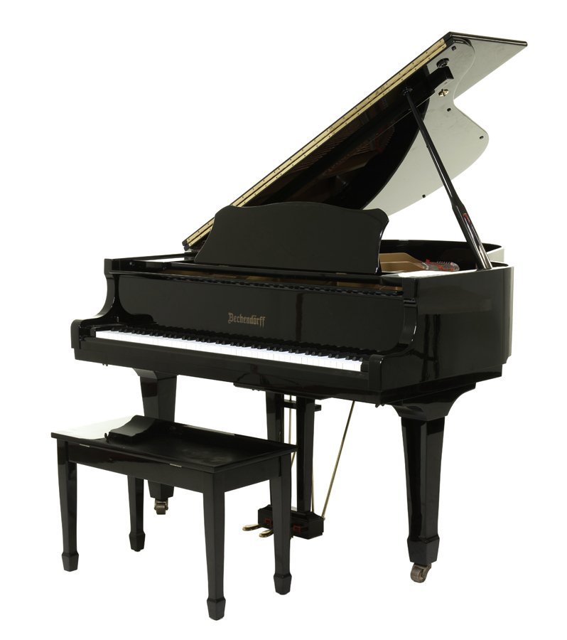 A BECHENDORFF EBONY POLISHED BABY GRAND PIANO: A BECHENDORFF EBONY POLISHED BABY GRAND PIANO Late 20th century, circa 1985-1990 Model H-59, serial number G021034. Together with an associated bench. H 40 x W 58½ x D 70 inches