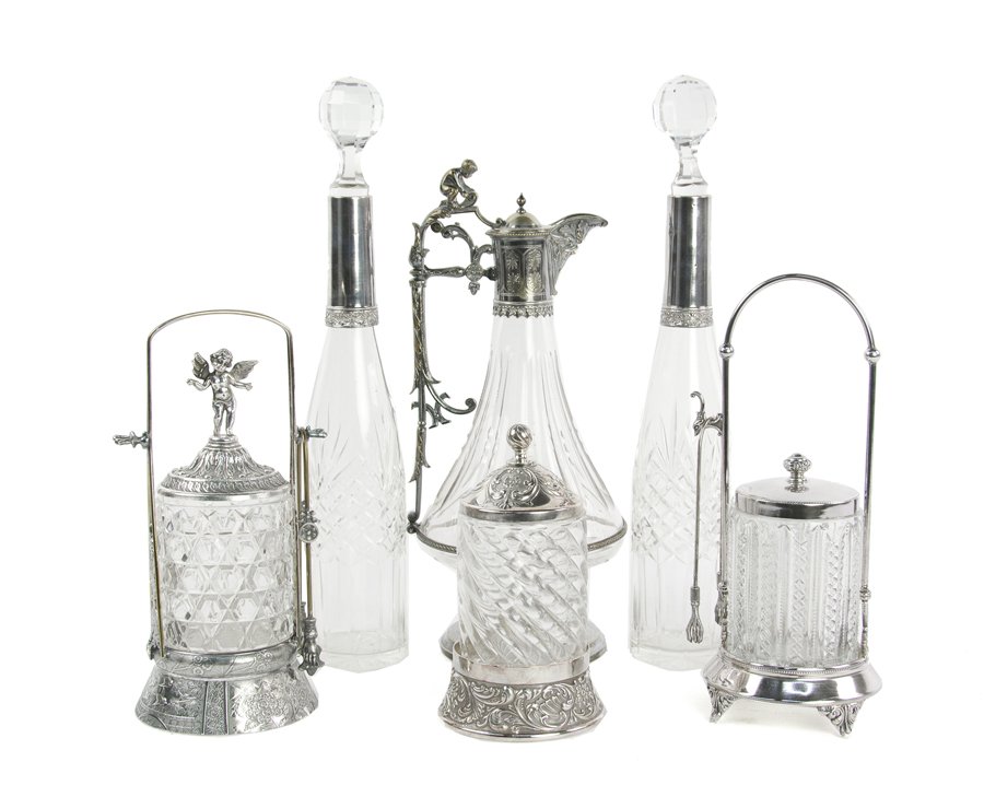 A PAIR OF CUT GLASS AND SILVER MOUNTED OIL AND VINEGAR (1 of 4)