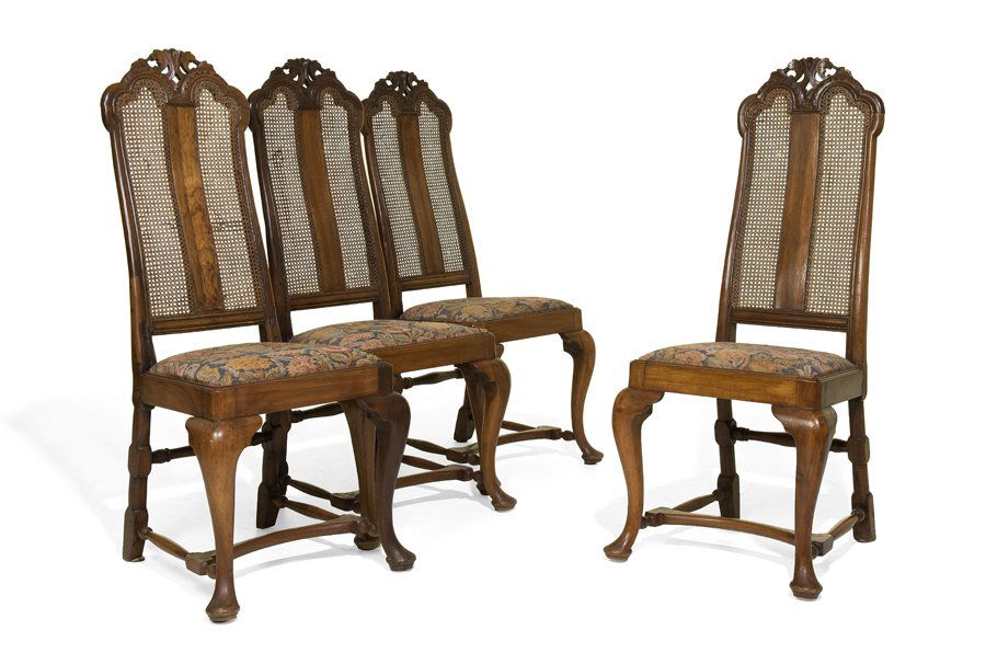 A SET OF FOUR QUEEN ANNE WALNUT CANE BACK CHAIRS (1 of 6)