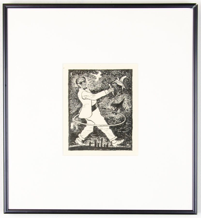 BUSY IN PARADISE, INK ON PAPER BY DEREK BOSHIER: BUSY IN PARADISE, INK ON PAPER BY DEREK BOSHIER A black and white depiction of a Jazzy chap strutting and singing on the outskirts of the city. Signed lower right. H 5½ x W 4½ inches