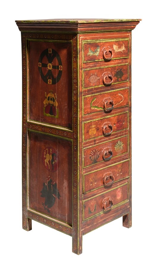 A PAINTED LINGERIE CABINET: A PAINTED LINGERIE CABINET Of small proportions, with a square form cornice over a form fitting frame containing seven short drawers, each centered by a single drop loop handle, decorated to the exter