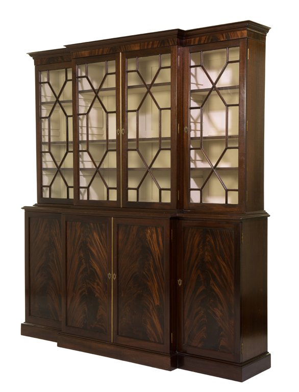A GEORGE III STYLE MAHOGANY BREAKFRONT BOOKCASE (1 of 2)